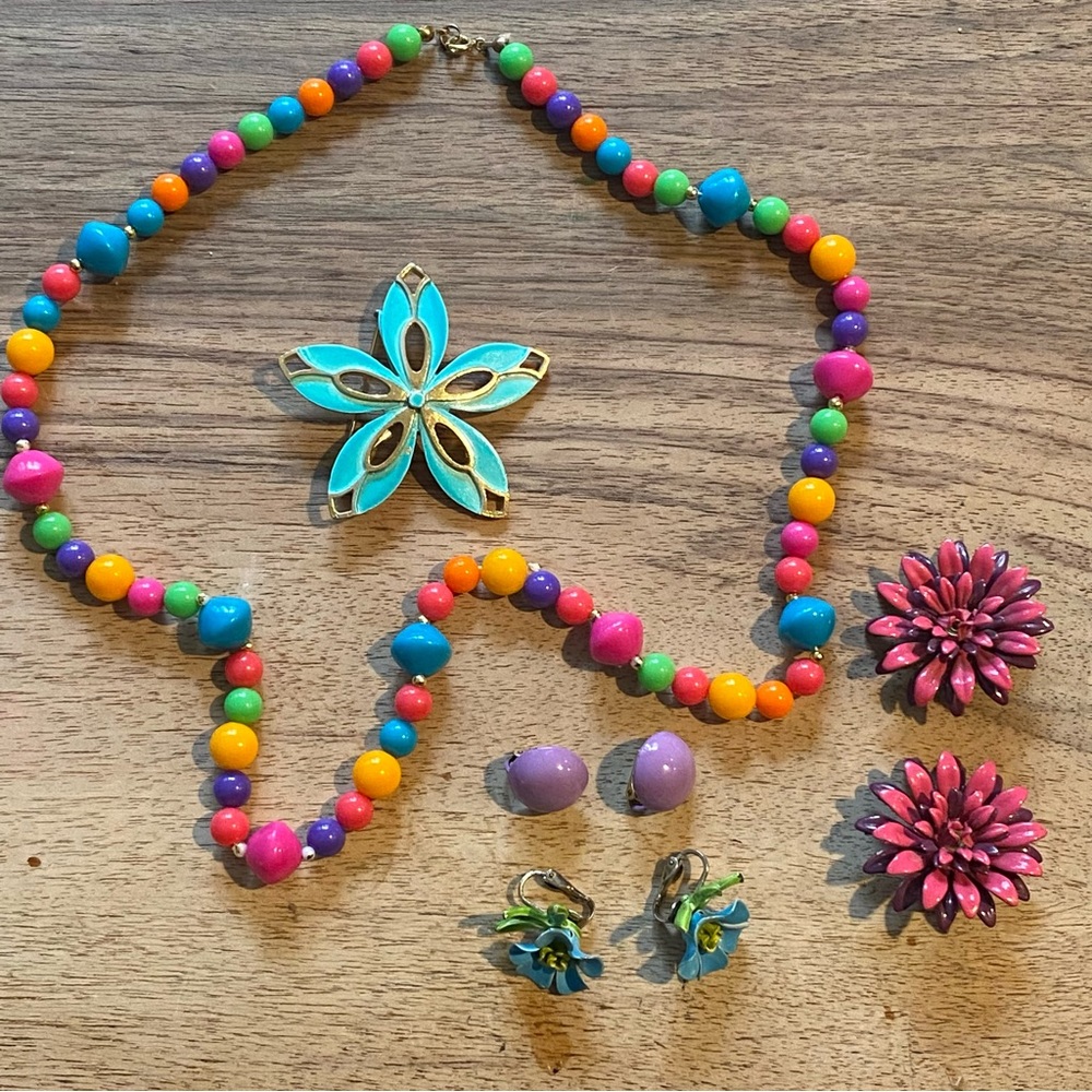 Vintage enamel clip on earrings, brooch & beaded necklace pink green purple blue